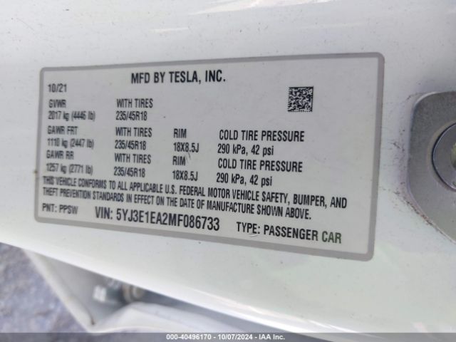 5YJ3E1EA2MF086733 Tesla Model 3 Standard Range Plus Rear-wheel Drive