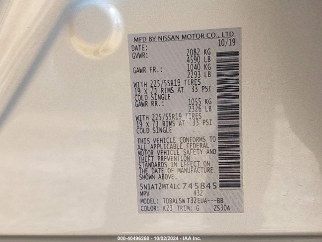 5N1AT2MT4LC745845 Nissan Rogue Sl Fwd