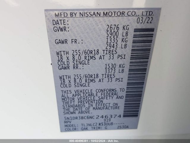 5N1DR3BC6NC246374 Nissan Pathfinder Sv 4wd