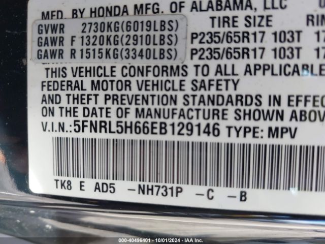 5FNRL5H66EB129146 Honda Odyssey Ex-l
