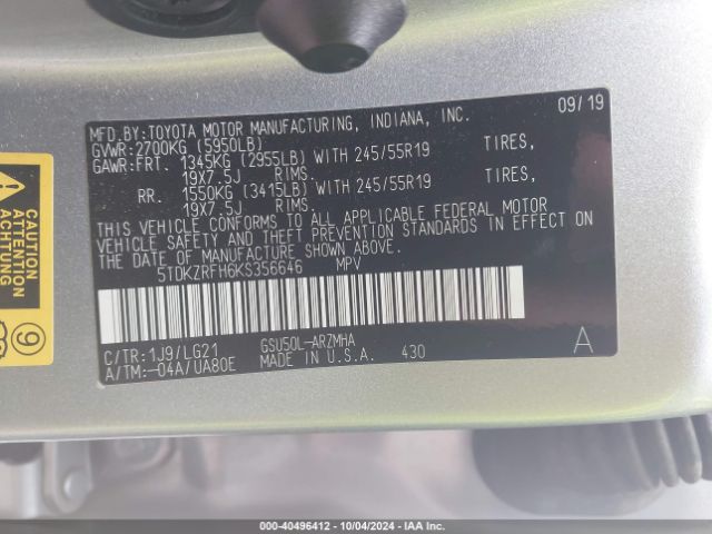 5TDKZRFH6KS356646 Toyota Highlander Se
