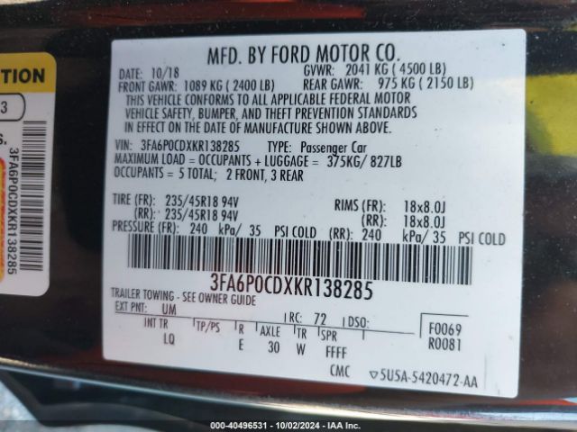 3FA6P0CDXKR138285 Ford FUSION SEL