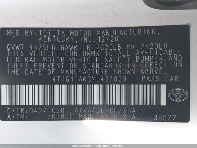 4T1G11AK3MU427829 Toyota Camry Se Nightshade Edition