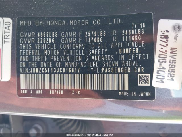 JHMZC5F13JC016817 Honda CLARITY PLUG-IN HYBRID
