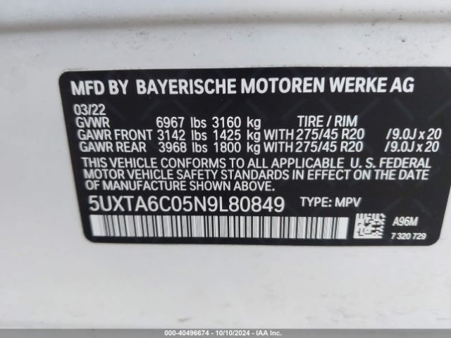 5UXTA6C05N9L80849 BMW X5 Phev Xdrive45e