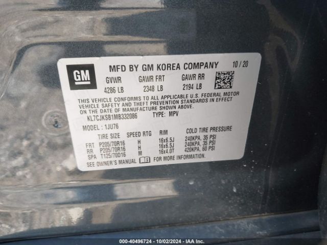 KL7CJKSB1MB332086 Chevrolet Trax Fwd Ls