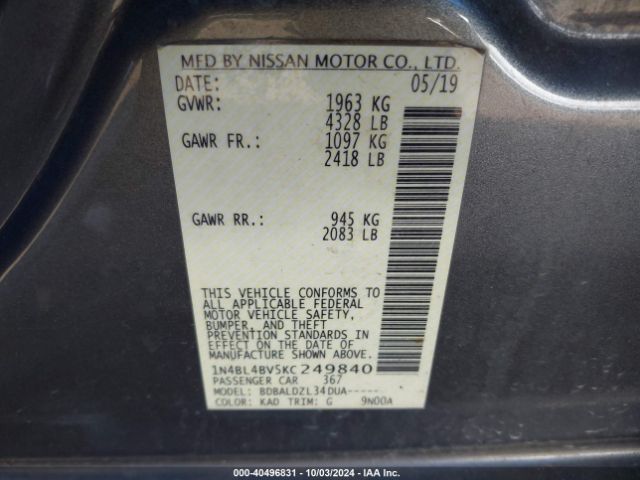 1N4BL4BV5KC249840 Nissan Altima 2.5 S