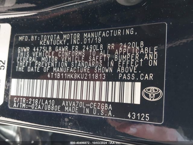 4T1B11HK8KU211813 Toyota CAMRY XLE
