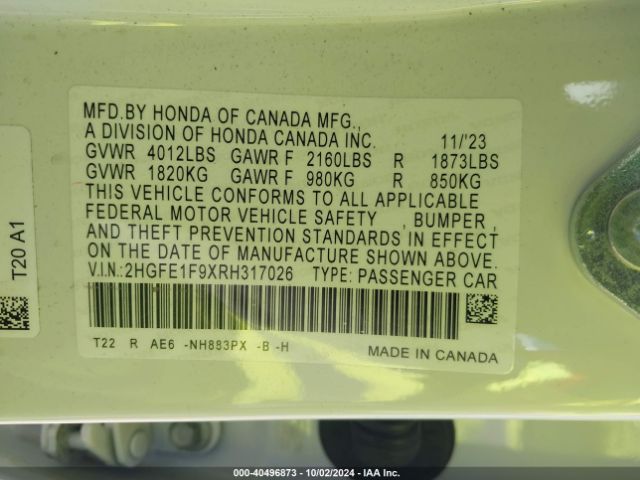 2HGFE1F9XRH317026 Honda Civic Touring