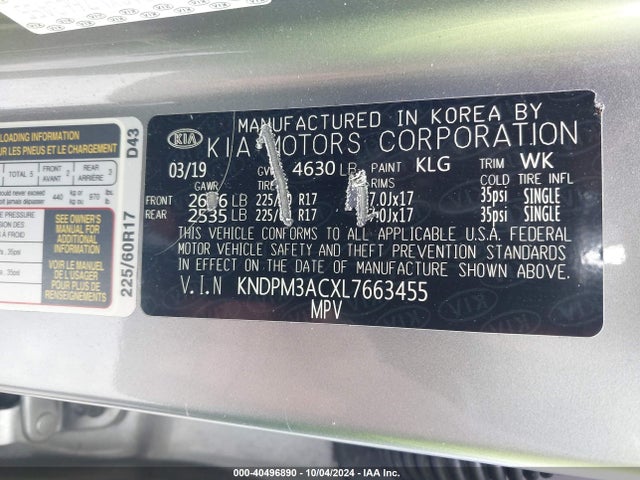 KNDPM3ACXL7663455 KIA Sportage Lx
