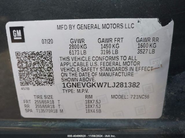 1GNEVGKW7LJ281382 Chevrolet Traverse Awd Lt Cloth