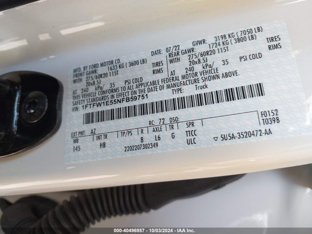 Ford F-150 Lariat 2022 1FTFW1E55NFB59751 Image 9