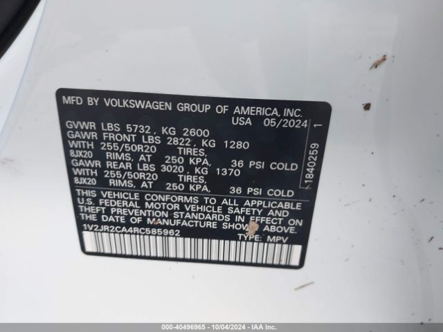 1V2JR2CA4RC585962 Volkswagen Atlas 2.0t Se W/technology