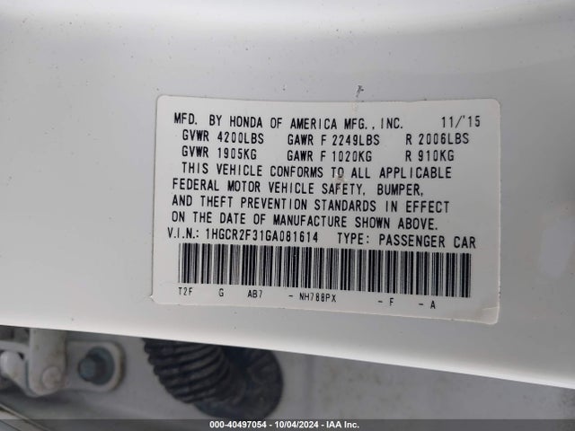 Honda ACCORD LX 2016 1HGCR2F31GA081614 Image 9