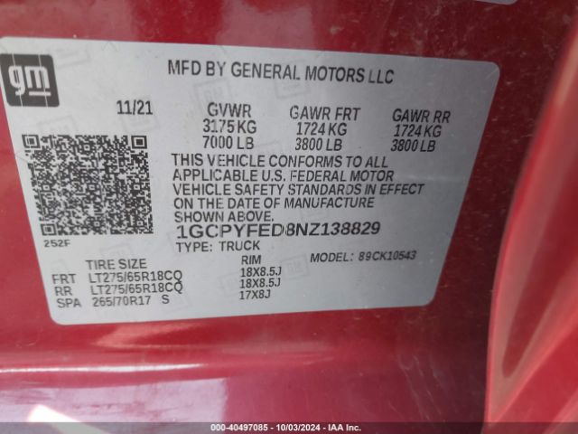 1GCPYFED8NZ138829 Chevrolet Silverado 1500 Ltd 4wd  Short Bed Lt Trail Boss