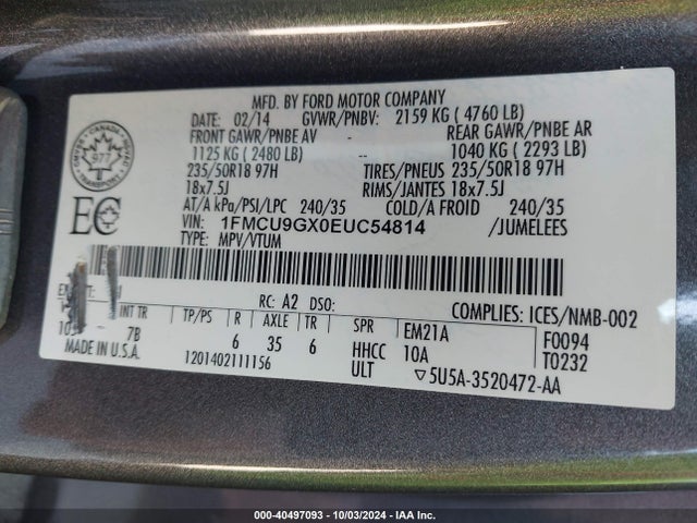 Ford ESCAPE SE 2014 1FMCU9GX0EUC54814 Image 9