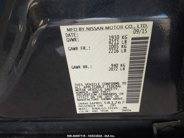 Nissan Altima 2.5 S 2015 1N4AL3AP8FC581267 Image 9