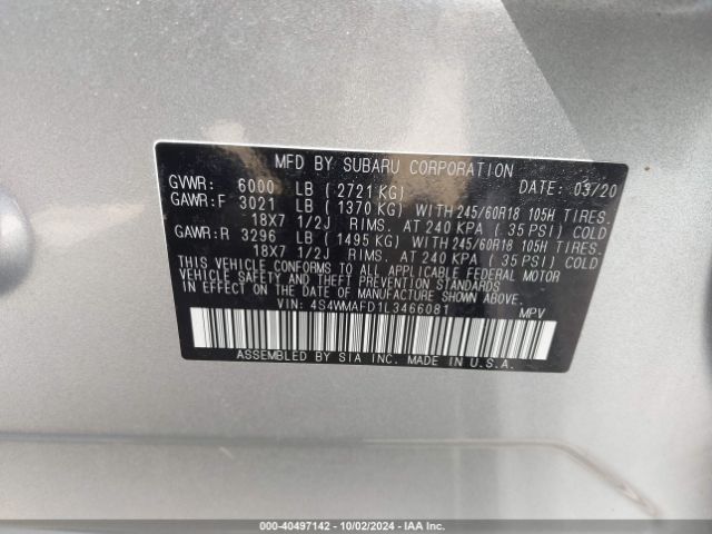 4S4WMAFD1L3466081 Subaru Ascent Premium