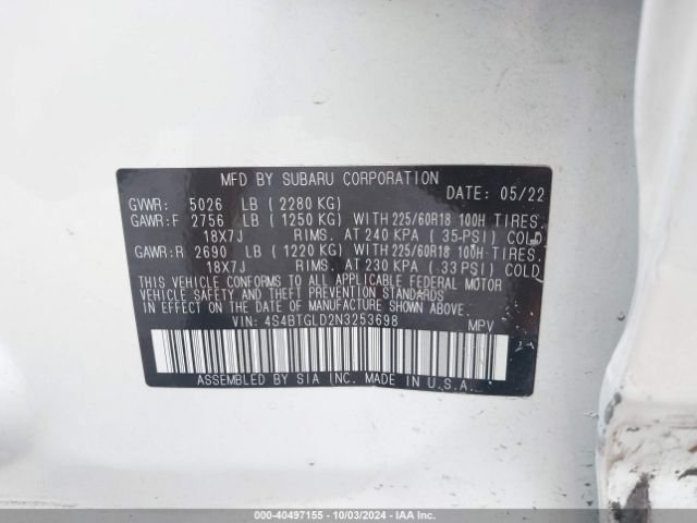 4S4BTGLD2N3253698 Subaru Outback Onyx Edition Xt