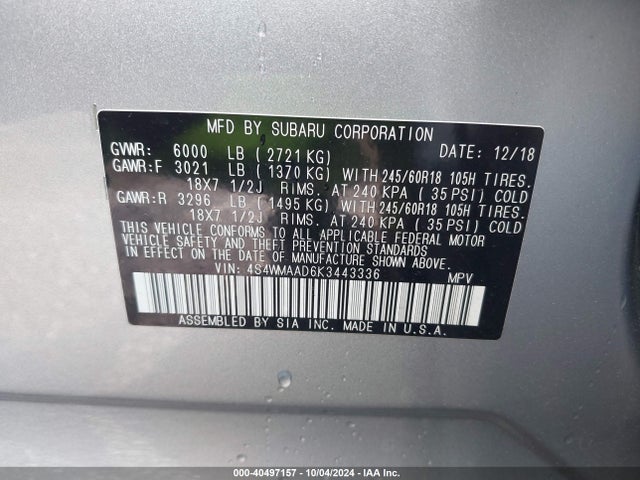 Subaru Ascent 2019 4S4WMAAD6K3443336 Image 9