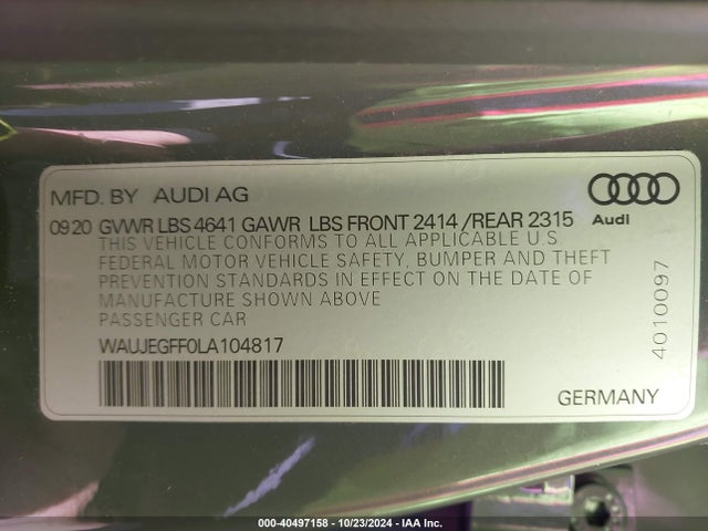 WAUJEGFF0LA104817 Audi A3 Premium Plus 45 Tfsi S Line Quattro S Tronic