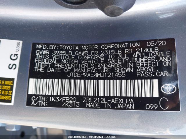 JTDEPMAE4MJ121455 Toyota COROLLA LE
