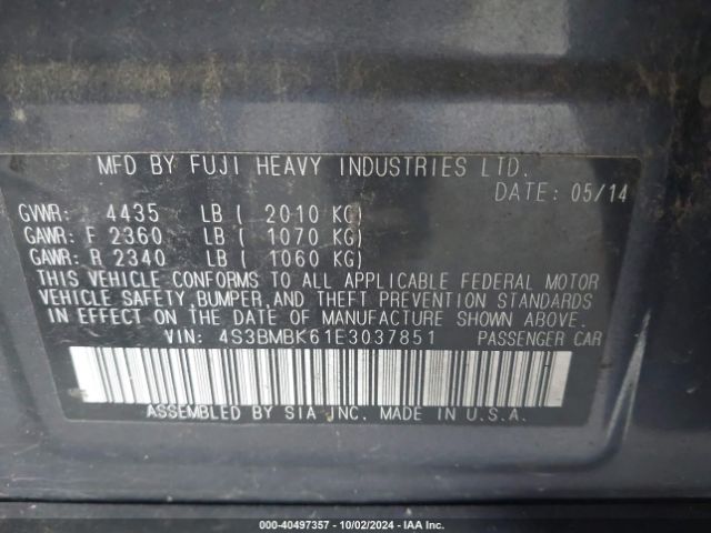 4S3BMBK61E3037851 Subaru Legacy 2.5i Limited