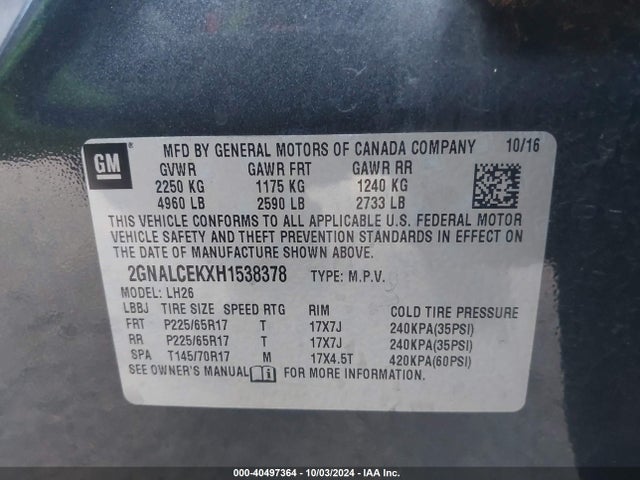 Chevrolet EQUINOX LT 2017 2GNALCEKXH1538378 Image 9