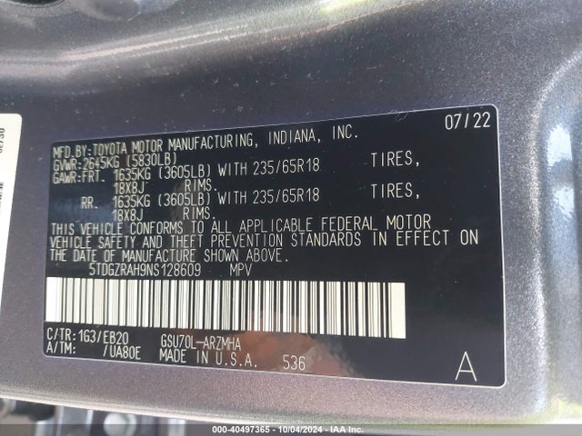 Toyota Highlander Xle 2022 5TDGZRAH9NS128609 Image 9