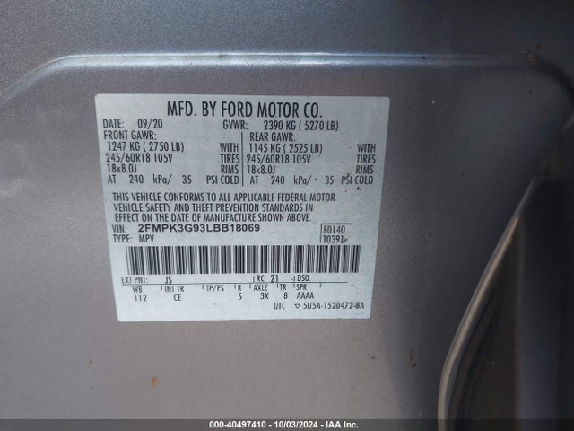 Ford EDGE SE 2020 2FMPK3G93LBB18069 Image 9