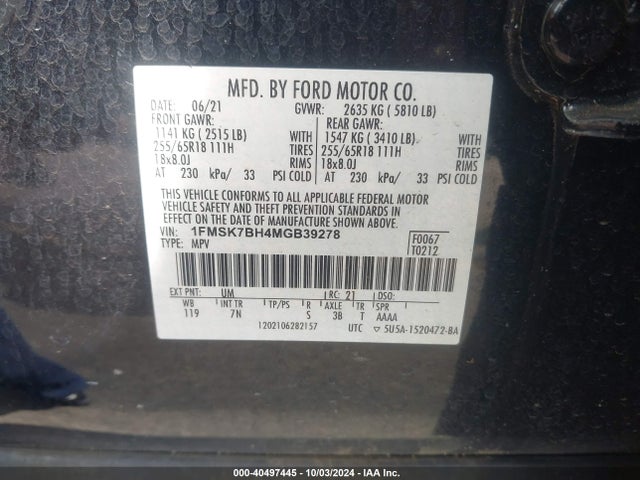 Ford Explorer 2021 1FMSK7BH4MGB39278 Image 9