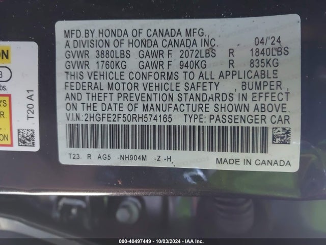 Honda Civic Sport 2024 2HGFE2F50RH574165 Image 9
