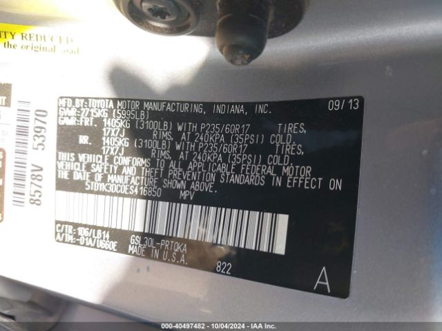 5TDYK3DC0ES416850 Toyota Sienna Xle V6 8 Passenger
