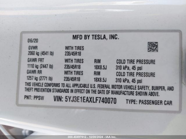 5YJ3E1EAXLF740070 Tesla Model 3 Standard Range Plus Rear-wheel Drive/standard Range Rear-wheel Drive