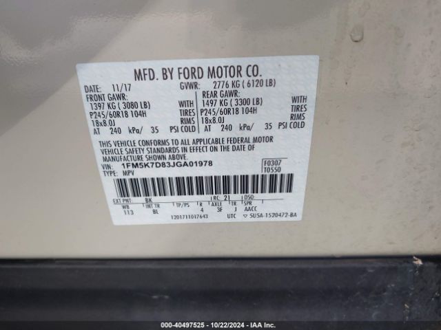 1FM5K7D83JGA01978 Ford EXPLORER XLT
