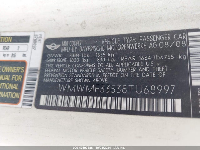 2008 MINI COOPER WMWMF33538TU68997 Photo 8