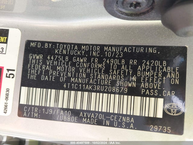 Toyota CAMRY LE 2024 4T1C11AK3RU208679 Image 9