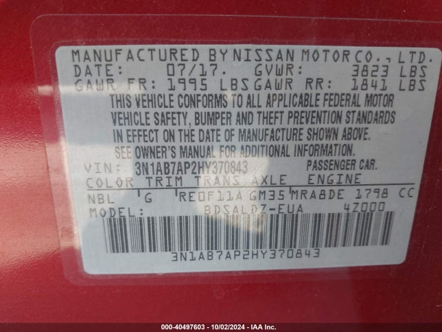 Nissan SENTRA SV 2017 3N1AB7AP2HY370843 Image 9