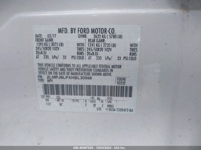 2LMPJ8LPXHBL30998 Lincoln Mkx Reserve