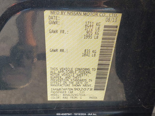 40497641 :رقم المزاد ، 1N4AB7AP7DN902078 vin ، 2013 Nissan Sentra Sv مزاد بيع