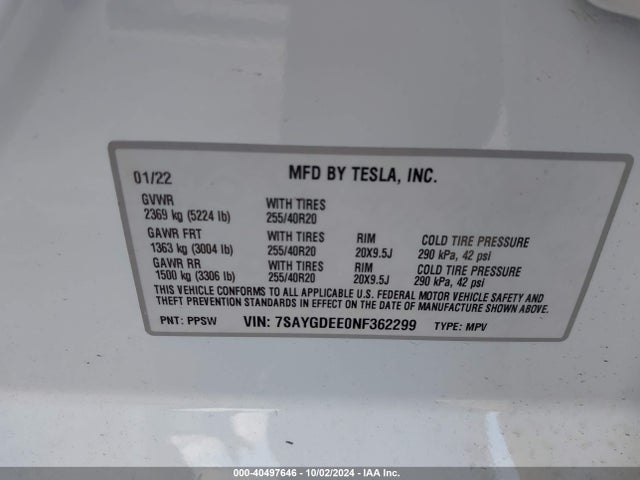 2022 TESLA MODEL Y 7SAYGDEE0NF362299 Photo 8
