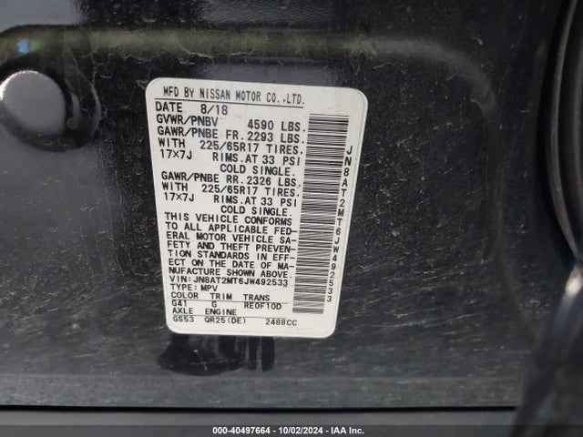 Nissan ROGUE SV 2018 JN8AT2MT6JW492533 Image 9