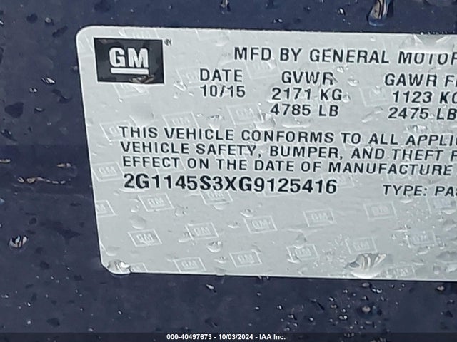 Chevrolet IMPALA 2LZ 2016 2G1145S3XG9125416 Image 9