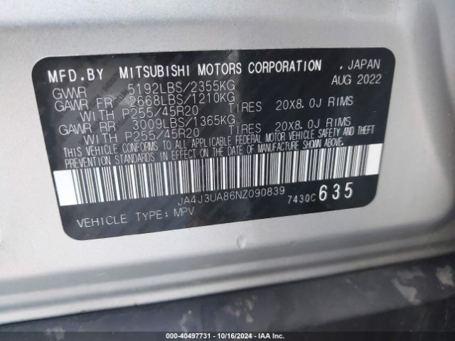 JA4J3UA86NZ090839 Mitsubishi Outlander Black Edition 2wd/se 2.5 2wd/se Launch Edition 2wd