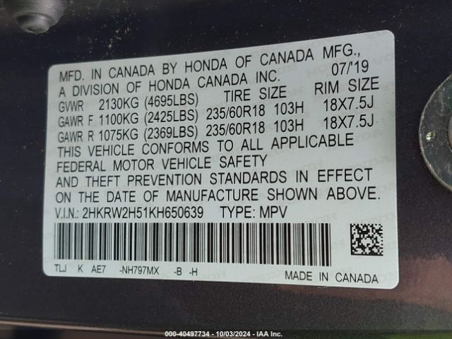 2HKRW2H51KH650639 Honda CR-V EX