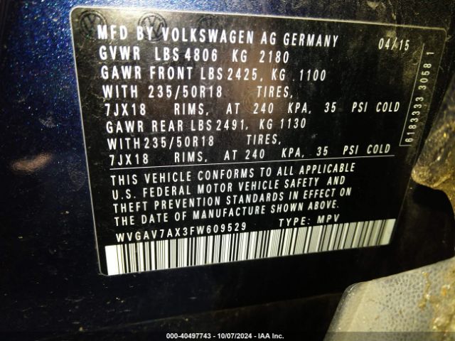 WVGAV7AX3FW609529 Volkswagen TIGUAN SE