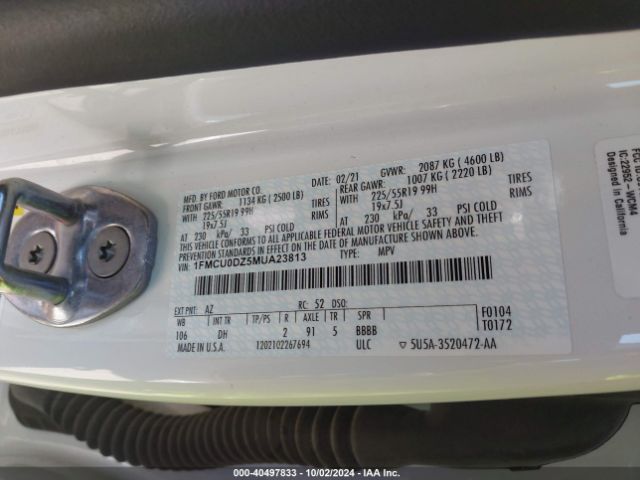 1FMCU0DZ5MUA23813 Ford Escape Titanium Hybrid
