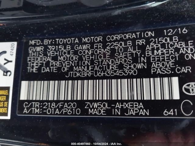 JTDKBRFU6H3545390 Toyota Prius Two