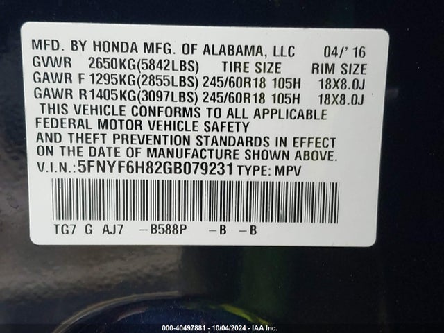 Honda Pilot Ex-l 2016 5FNYF6H82GB079231 Image 9