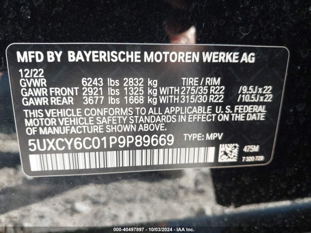 5UXCY6C01P9P89669 BMW X6 Xdrive40i